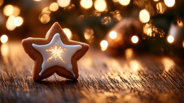A Star-Shaped Christmas Cookie Decorated with White Icing and Festive Lights, Close-Up Focus