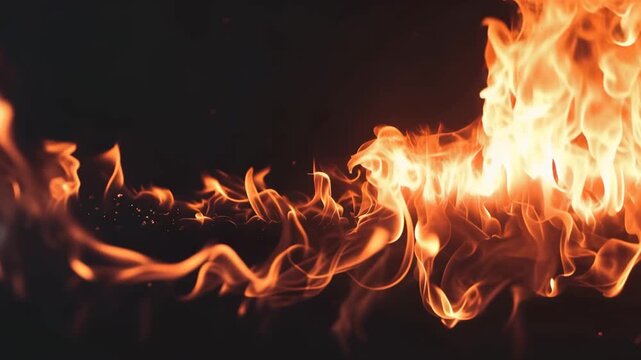Abstract representation of fire's power, with vibrant orange and yellow flames against a dark background, capturing the heat, energy, and dynamic movement of a burning blaze.