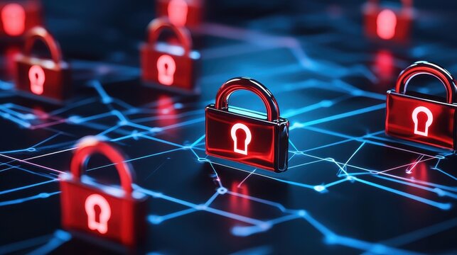 Digital Lock Icons Illuminated on Abstract Network Background Representing Cybersecurity and Data Protection