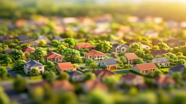 Charming Suburban Neighborhood with Diverse Homes and Lush Greenery Bathed in Warm Sunlight