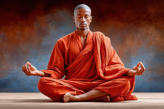 Meditating monk in orange robe practicing mudra and mindfulness in a calm studio setting
