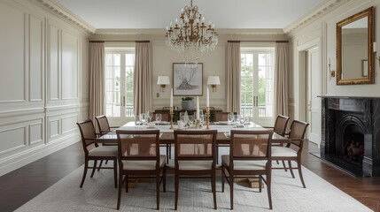 Fototapeta premium A professional, bright interior photo of an elegant classical dining space that blends luxury with a fresh atmosphere. Sunlight streams through expansive, multi-pane windows, casting a warm glow
