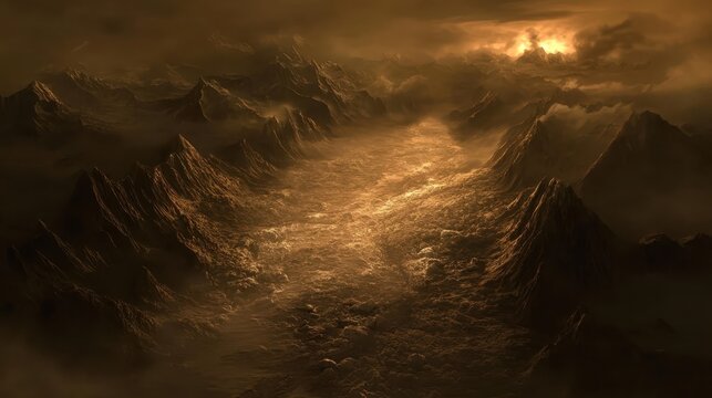 Aerial view of a harsh mountain valley with receding glaciers, illustrating climate change impacts