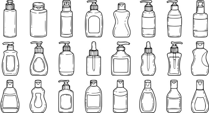 Hand Drawn Personal Care and Beauty Products Bottles Set - Outline Sketch of Cosmetic and Hygiene Dispensers, Lotion, Shampoo, and Serum Containers