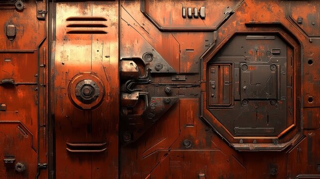 Detailed close-up of weathered industrial metal panel with futuristic geometric design and orange rust textures