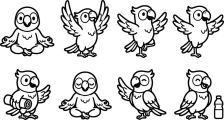 Obraz premium Black and white cartoon parrot line art collection with various poses and objects