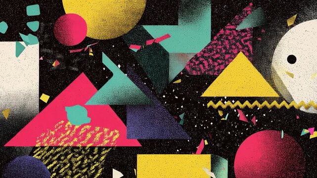 Abstract Geometric Composition: A dynamic composition of vibrant geometric shapes explodes across the frame, showcasing a rich tapestry of textures, patterns.