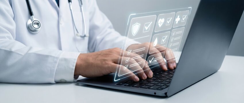 Digital health management physician utilizing technology for patient care modern office environment interactive content professional viewpoint