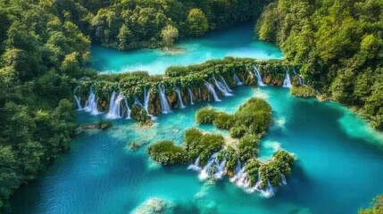 Fototapeta premium Breathtaking aerial view of cascading waterfalls flowing into turquoise lakes surrounded by lush green forest