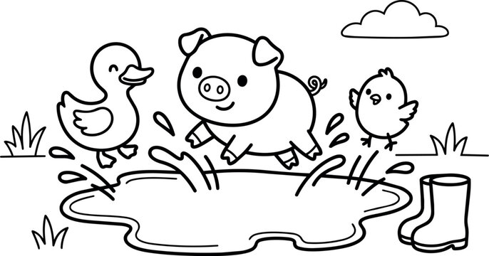 Cute pig duck and chick jumping in muddy puddle line art vector