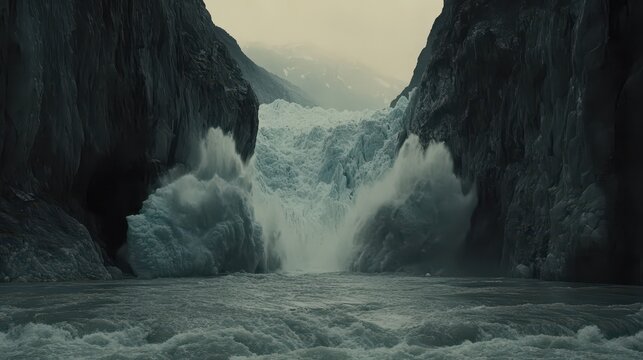 Dramatic Glacier Calving With Large Ice Chunks Breaking Off Into The Water Amidst Rocky Cliffs And Misty Mountains