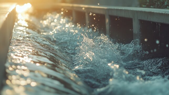 Contaminated water flowing from an old storm drain into a small river, close-up focus with bright sunlight.
