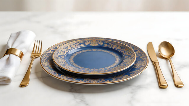 Elegant blue and gold dinnerware set