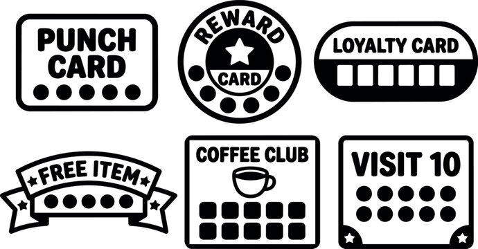 Black and white loyalty punch reward cards with stamps and icons vector art