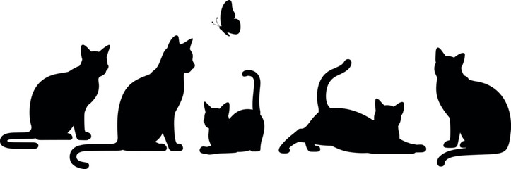 Fototapeta premium Black cat silhouettes collection with playful kitten poses and butterfly, elegant feline outlines isolated on white background illustration set