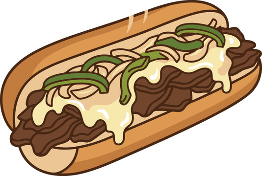 Illustration of a cheesesteak sandwich with melted cheese, saut&eacute;ed green peppers, and thinly sliced beef in a soft hoagie bun.
