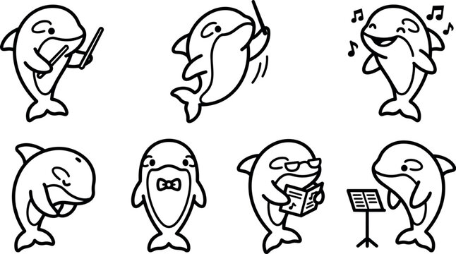 Black and white line art singing dolphin playing music with baton and sheet notes