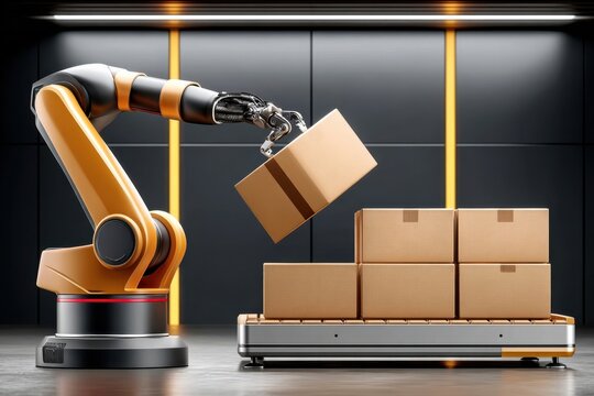 Robotic arm packing cardboard boxes on a conveyor platform in automated warehouse logistics