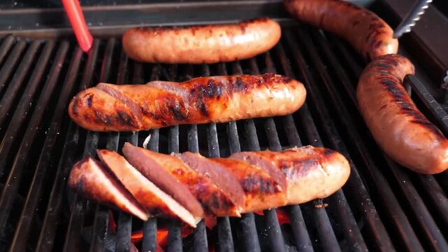Close-up of delicious browned pork sausages sizzling on a hot grill with steam rising. A person uses tongs to flip the meat, showing the browning process during an outdoor summer BBQ.