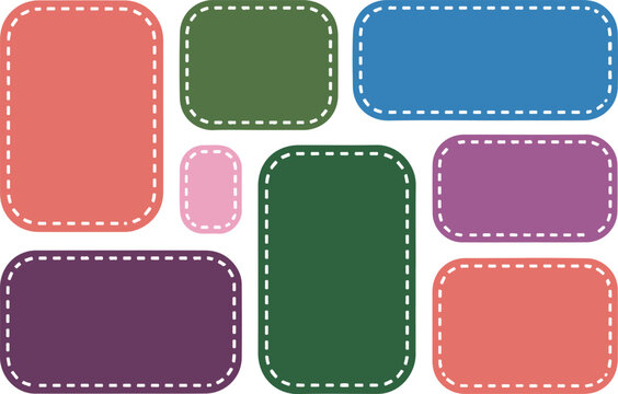 Set of colorful rectangular labels with white dashed border, stitched frame collection for scrapbooking, packaging and creative design