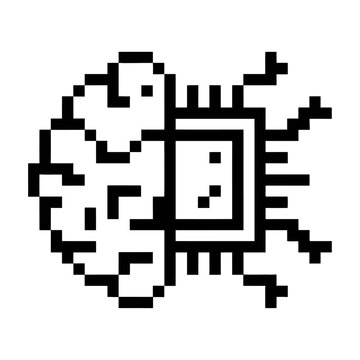 Pixel art image of a vector brain-like structure with technological elements integrated into the design