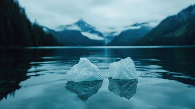 Single-use plastic bags float like icebergs on a calm lake surface with majestic mountains in the background under an overcast sky.