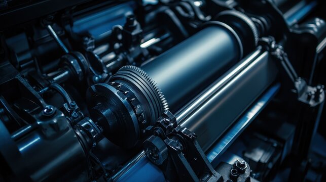 Intricate close-up of synchronized gears and rollers in a complex industrial printing press machine in operation