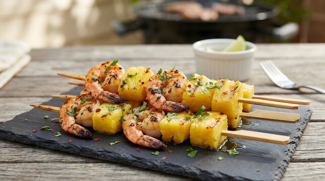 Grilled Shrimp and Pineapple Skewers with Lime and Cilantro on Outdoor Table