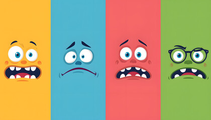 Fototapeta premium Four shocked cartoon monster faces, minimalist flat vector art, vibrant color blocking.