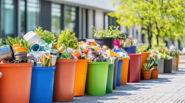 Overflowing recycling bins filled with improperly sorted waste outside a commercial office building with vibrant outdoor greenery
