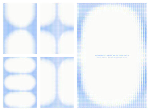 Assorted vector dash grid white blue halftone pattern set in vertical 2:3 aspect ratio including rounded frame and various unique borders. Miscellaneous half tone graphical design elements collection