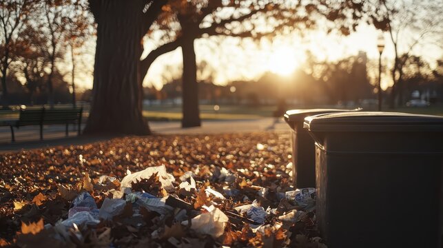 Overflowing trash cans in a sunlit park with fallen autumn leaves scattered on the ground