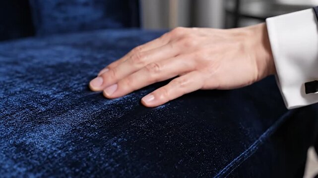 Person's hand touching luxurious blue velvet fabric with cufflink