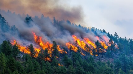 Fototapeta premium Wildfire ravages a forested hillside with intense flames and dense smoke under an overcast sky, showcasing nature's destructive power.