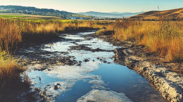 Rural farmland stream polluted with runoff and waste under a clear sky with natural daylight