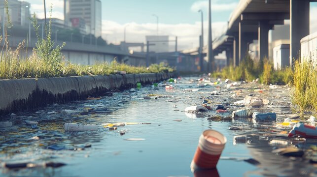 Water pollution with trash clogging an urban drainage system, highlighting environmental issues and realistic textures