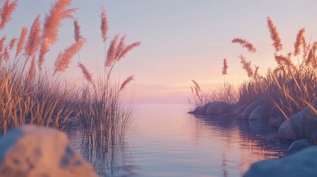 Tranquil Lake at Dusk with Soft Pastel Colors and Gentle Reflections of Reeds and Sky