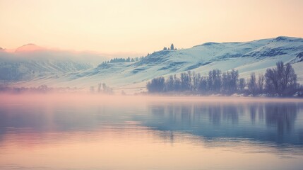 Fototapeta premium Serene river reflections under soft morning mist, showcasing distant hills and trees in tranquil dawn light