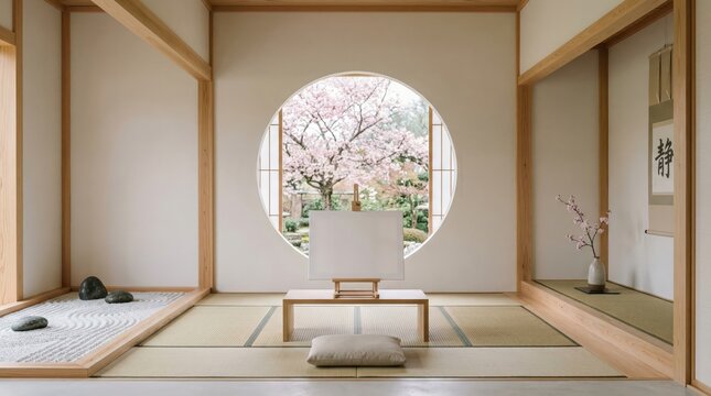 A serene Japanese-style living room with cherry blossoms visible through a scroll screen, featuring tatami mats, wooden furniture, and rock garden.