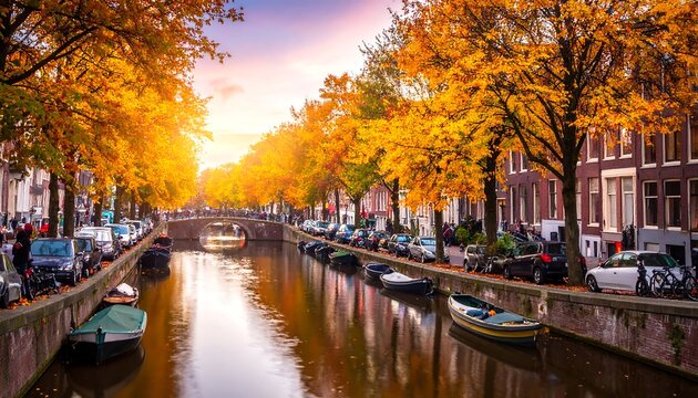 A picturesque canal scene in autumn with vibrant trees lining the waterway, reflections, buildings, and a bridge
