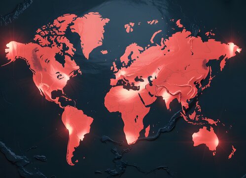 World map red glowing continents on dark background global overview map infographic.