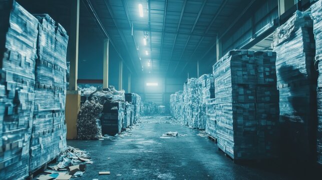 Vast warehouse filled with excessive packaging material illustrating consumerism and overproduction in industrial storage