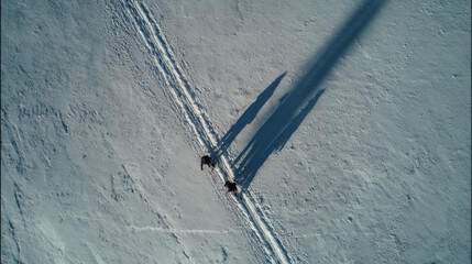 Winter expedition skiers casting long shadows on snowy terrain