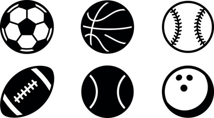 Obraz premium Black and white vector icons of six popular sports balls soccer basketball baseball football tennis bowling ball