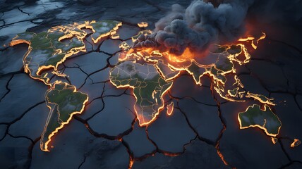 Fototapeta premium World map glowing with lava and smoke, symbolizing global conflict and environmental crisis.