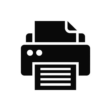 Black printer vector icon with paper output. representing document creation and printing process in minimalist style.