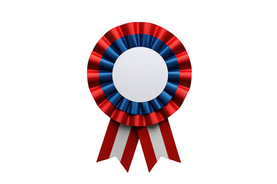 Red, white, and blue rosette ribbon award symbolising excellence, victory, and patriotism. Transparent background for versatile use