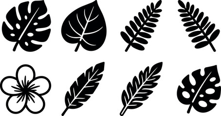 Fototapeta premium Black and white tropical leaf and flower vector art set with monstera and fern leaves