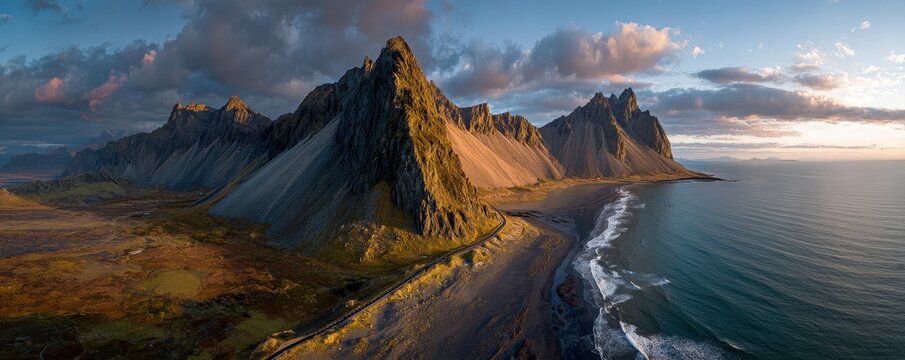 Panoramic aerial view of dramatic Vestrahorn mountain on a black sand beach