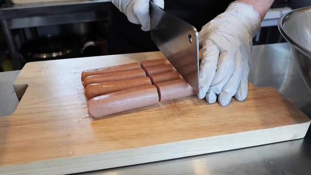 Close-up footage of a person wearing white gloves using a large knife to slice several raw hot dogs on a wooden cutting board. This video can be used for food preparation, cooking, or recipe-related c